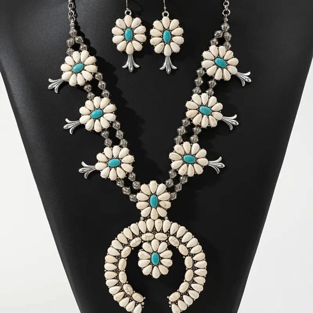 Silver Turquoise Western Squash Blossom Necklace & Earring Set